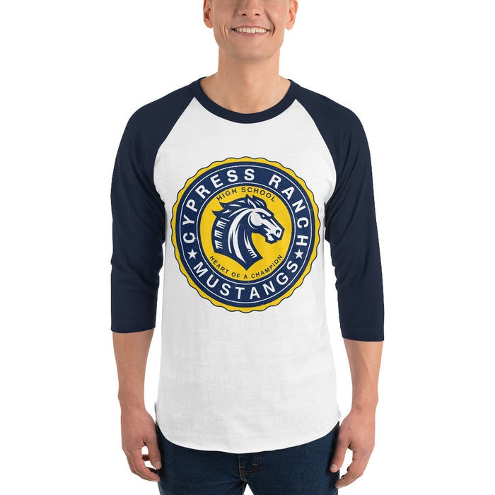 Man wearing Cypress Ranch High School Mustangs Unisex 3/4 sleeve Raglan T-shirt 216