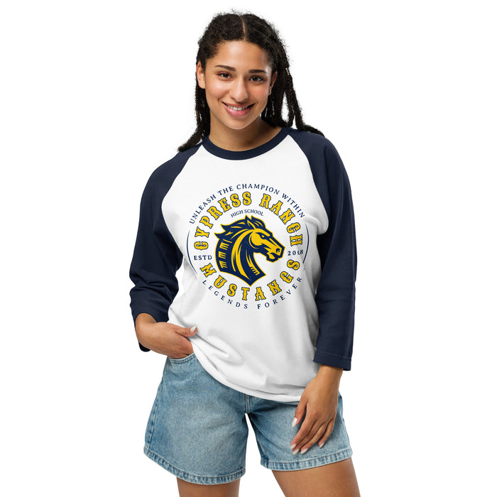 Woman wearing Cypress Ranch High School Mustangs Unisex 3/4 sleeve Raglan T-shirt 214