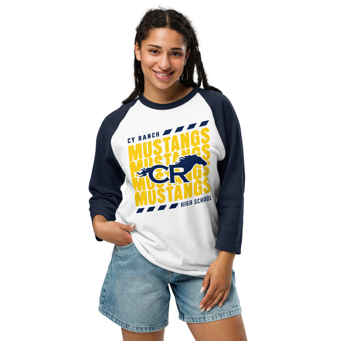 Woman wearing Cypress Ranch High School Mustangs Unisex 3/4 sleeve Raglan T-shirt 223