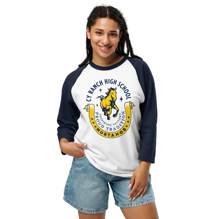 Woman wearing Cypress Ranch High School Mustangs Unisex 3/4 sleeve Raglan T-shirt 229