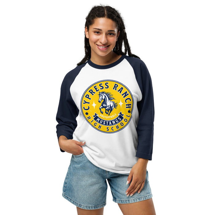 Woman wearing Cypress Ranch High School Mustangs Unisex 3/4 sleeve Raglan T-shirt 215