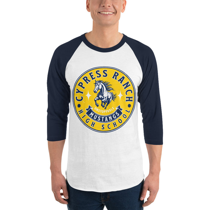 Man wearing Cypress Ranch High School Mustangs Unisex 3/4 sleeve Raglan T-shirt 215
