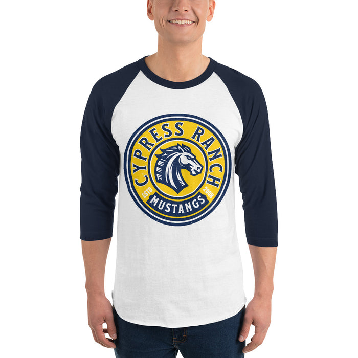 Man wearing Cypress Ranch High School Mustangs Unisex 3/4 sleeve Raglan T-shirt 220