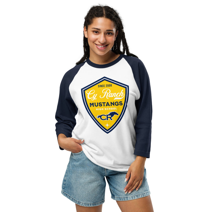Woman wearing Cypress Ranch High School Mustangs Unisex 3/4 sleeve Raglan T-shirt 225