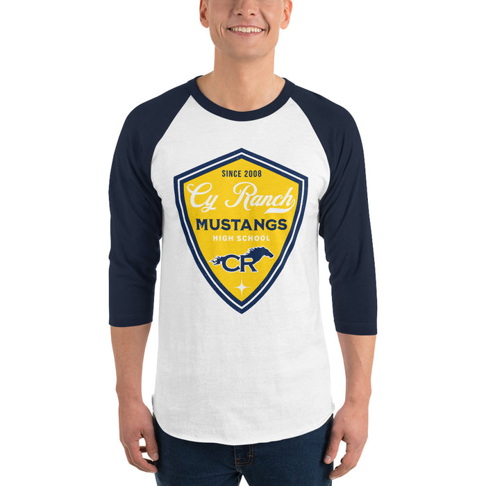 Man wearing Cypress Ranch High School Mustangs Unisex 3/4 sleeve Raglan T-shirt 225