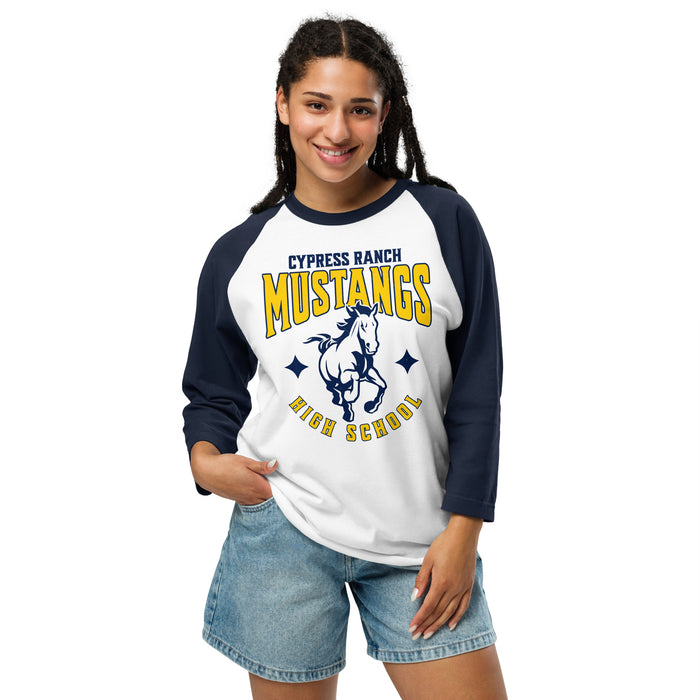 Woman wearing Cypress Ranch High School Mustangs Unisex 3/4 sleeve Raglan T-shirt 213