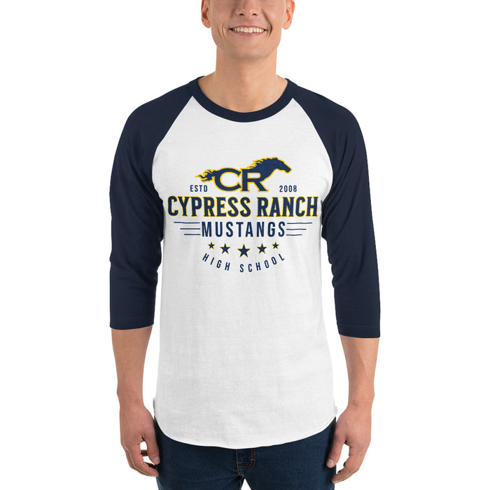Man wearing Cypress Ranch High School Mustangs Unisex 3/4 sleeve Raglan T-shirt 217