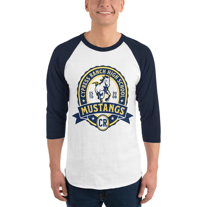 Man wearing Cypress Ranch High School Mustangs Unisex 3/4 sleeve Raglan T-shirt 212