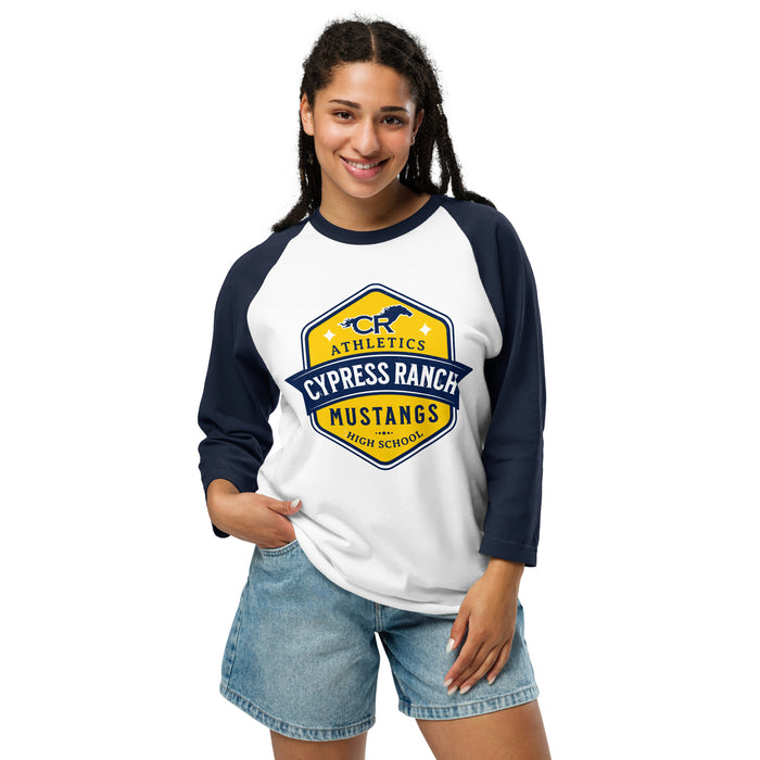Woman wearing Cypress Ranch High School Mustangs Unisex 3/4 sleeve Raglan T-shirt 209