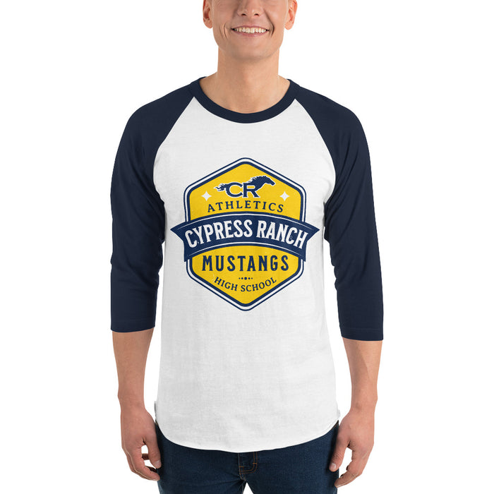 Man wearing Cypress Ranch High School Mustangs Unisex 3/4 sleeve Raglan T-shirt 209