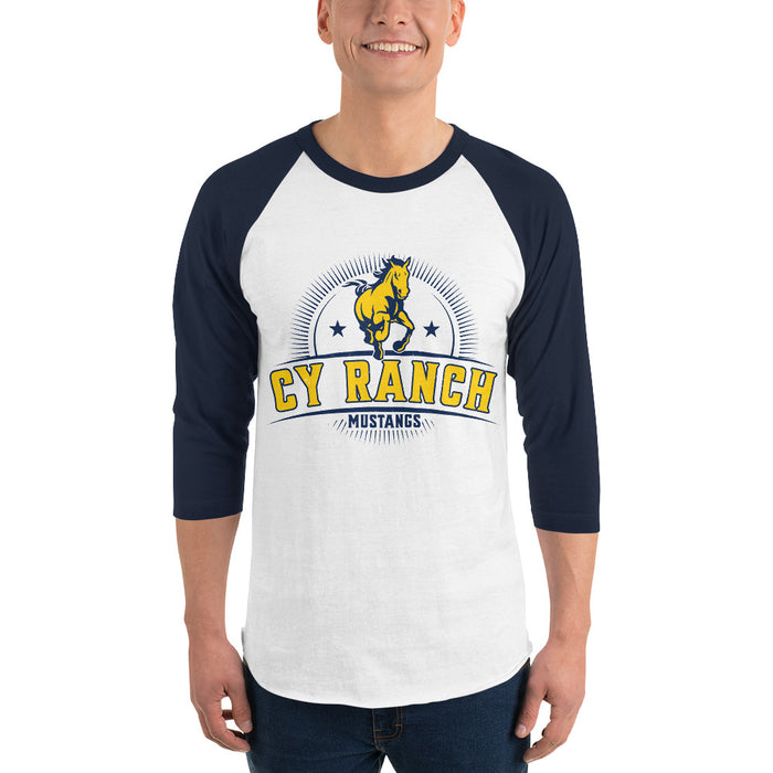 Man wearing Cypress Ranch High School Mustangs Unisex 3/4 sleeve Raglan T-shirt 221