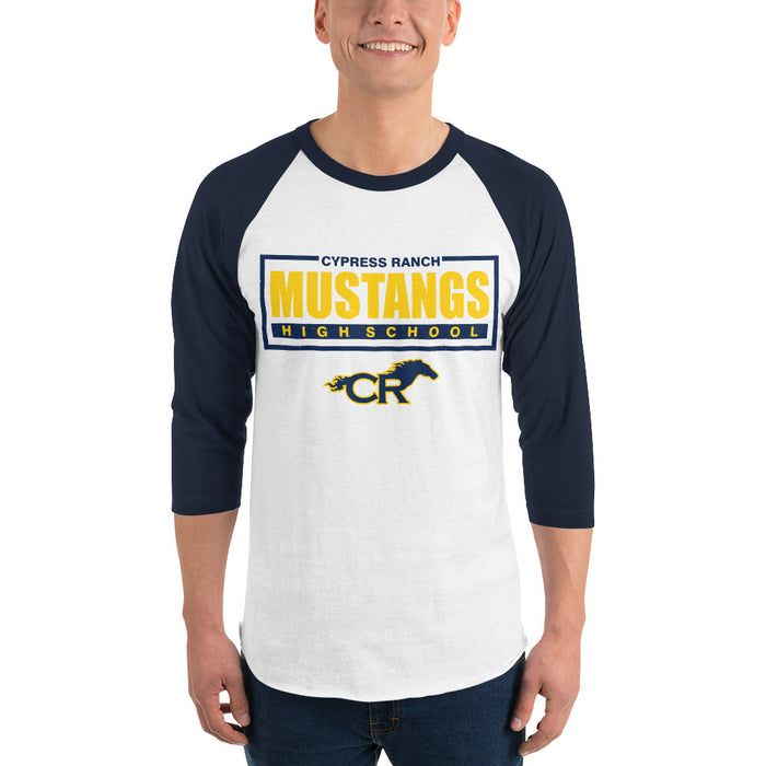Man wearing Cypress Ranch High School Mustangs Unisex 3/4 sleeve Raglan T-shirt 049