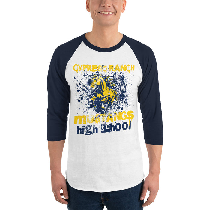 Man wearing Cypress Ranch High School Mustangs Unisex 3/4 sleeve Raglan T-shirt 205