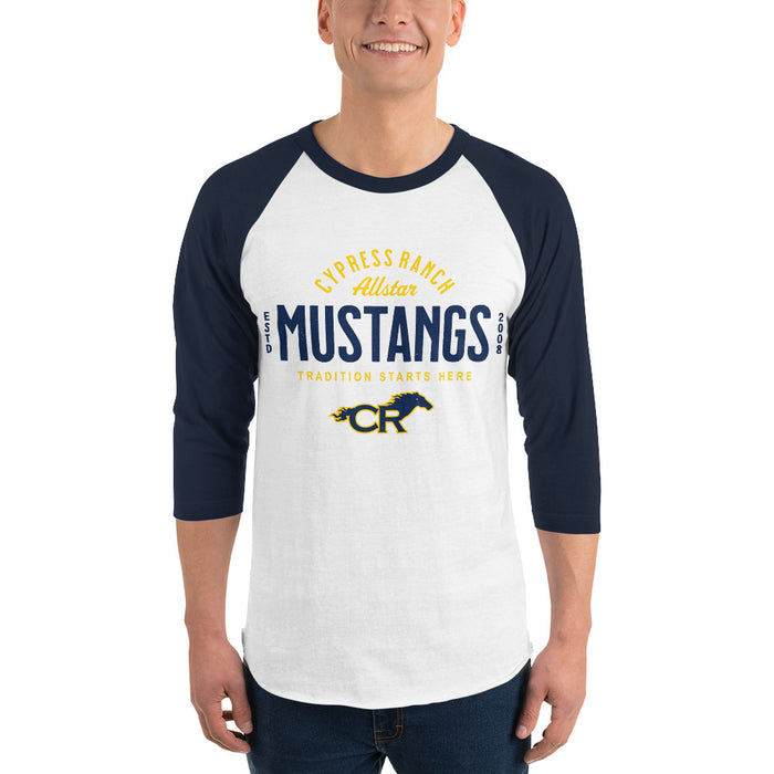 Man wearing Cypress Ranch High School Mustangs Unisex 3/4 sleeve Raglan T-shirt 040