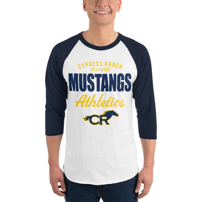 Man wearing Cypress Ranch High School Mustangs Unisex 3/4 sleeve Raglan T-shirt 034