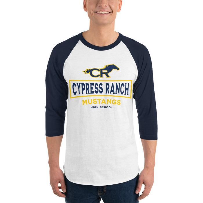 Man wearing Cypress Ranch High School Mustangs Unisex 3/4 sleeve Raglan T-shirt 202