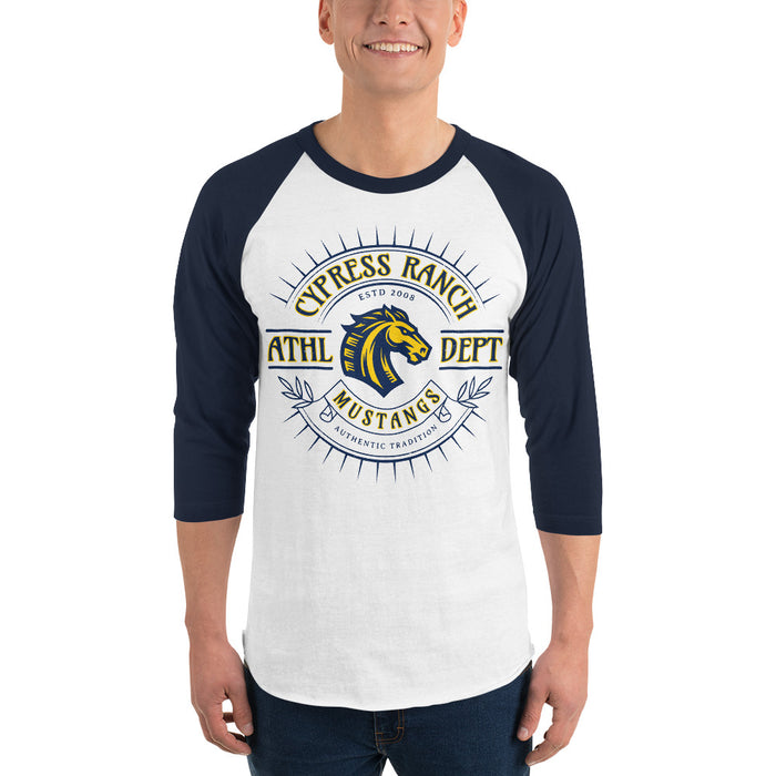 Man wearing Cypress Ranch High School Mustangs Unisex 3/4 sleeve Raglan T-shirt 201