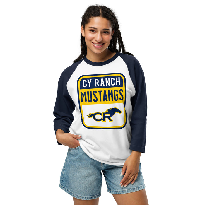 Woman wearing Cypress Ranch High School Mustangs Unisex 3/4 sleeve Raglan T-shirt 001