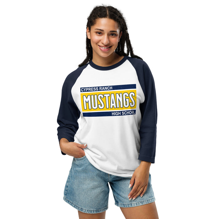 Woman wearing Cypress Ranch High School Mustangs Unisex 3/4 sleeve Raglan T-shirt 098