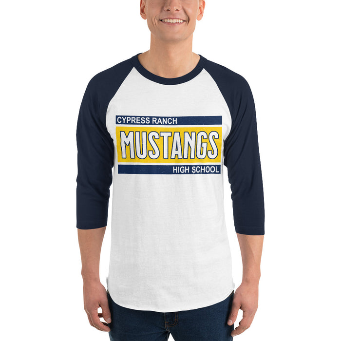 Man wearing Cypress Ranch High School Mustangs Unisex 3/4 sleeve Raglan T-shirt 098
