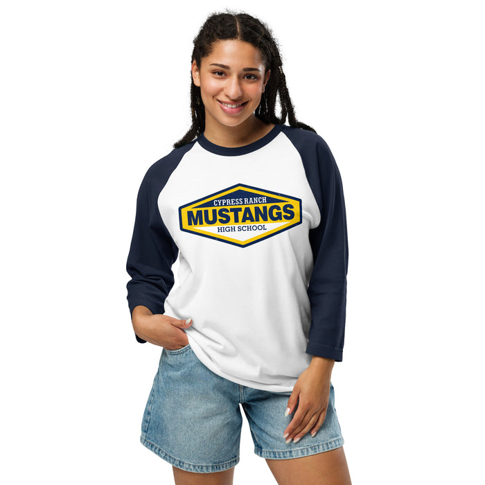 Woman wearing Cypress Ranch High School Mustangs Unisex 3/4 sleeve Raglan T-shirt 009