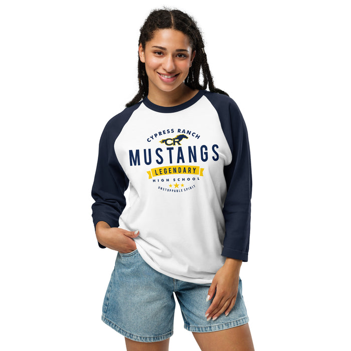 Woman wearing Cypress Ranch High School Mustangs Unisex 3/4 sleeve Raglan T-shirt 044