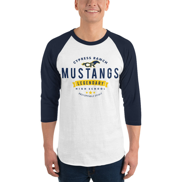 Man wearing Cypress Ranch High School Mustangs Unisex 3/4 sleeve Raglan T-shirt 044