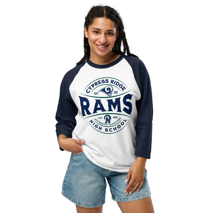 Woman wearing Cypress Ridge High School Rams Unisex 3/4 sleeve Raglan T-shirt 218