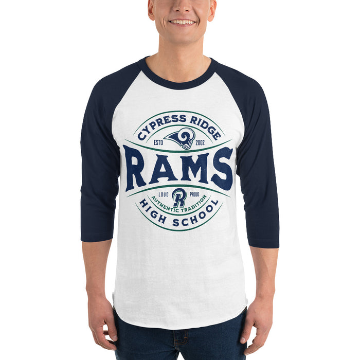Man wearing Cypress Ridge High School Rams Unisex 3/4 sleeve Raglan T-shirt 218