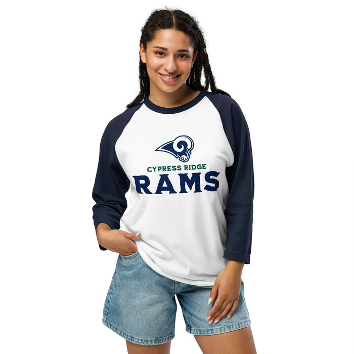 WOman wearing Cypress Ridge High School Rams Unisex 3/4 sleeve Raglan T-shirt 233