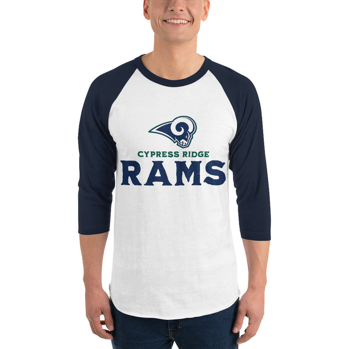 Man wearing Cypress Ridge High School Rams Unisex 3/4 sleeve Raglan T-shirt 233