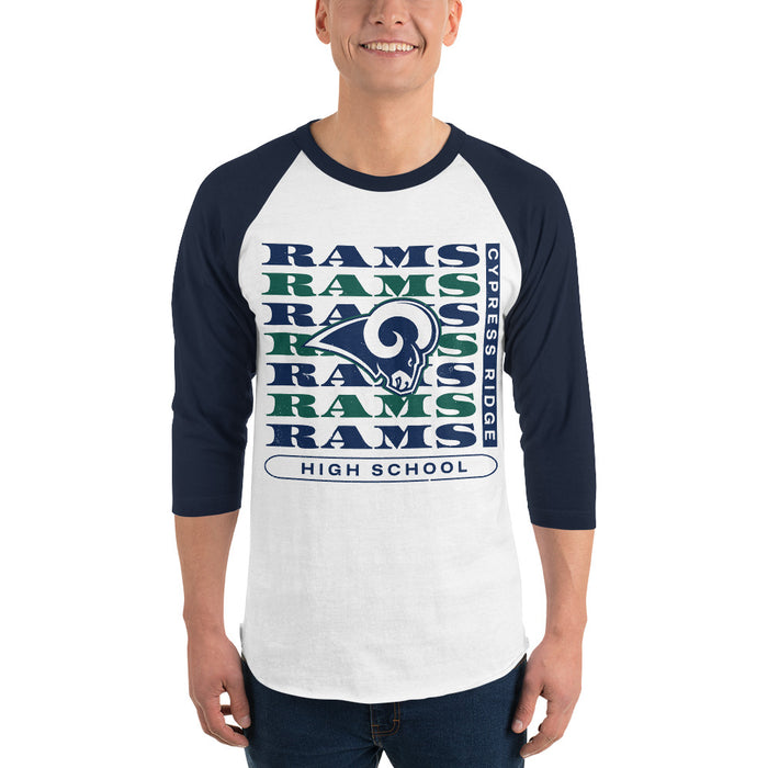Man wearing Cypress Ridge High School Rams Unisex 3/4 sleeve Raglan T-shirt 235