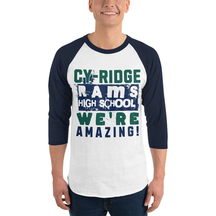 Man wearing Cypress Ridge High School Rams Unisex 3/4 sleeve Raglan T-shirt 231