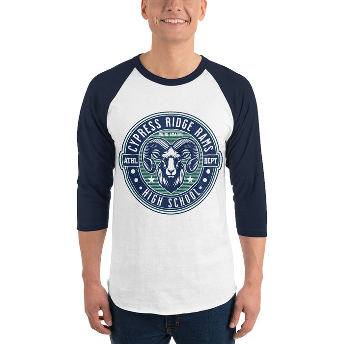 Man wearing Cypress Ridge High School Rams Unisex 3/4 sleeve Raglan T-shirt 224