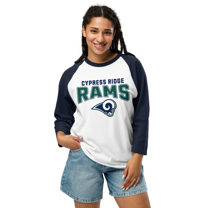 Woman wearing Cypress Ridge High School Rams Unisex 3/4 sleeve Raglan T-shirt 234