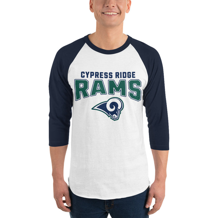 Man wearing Cypress Ridge High School Rams Unisex 3/4 sleeve Raglan T-shirt 234