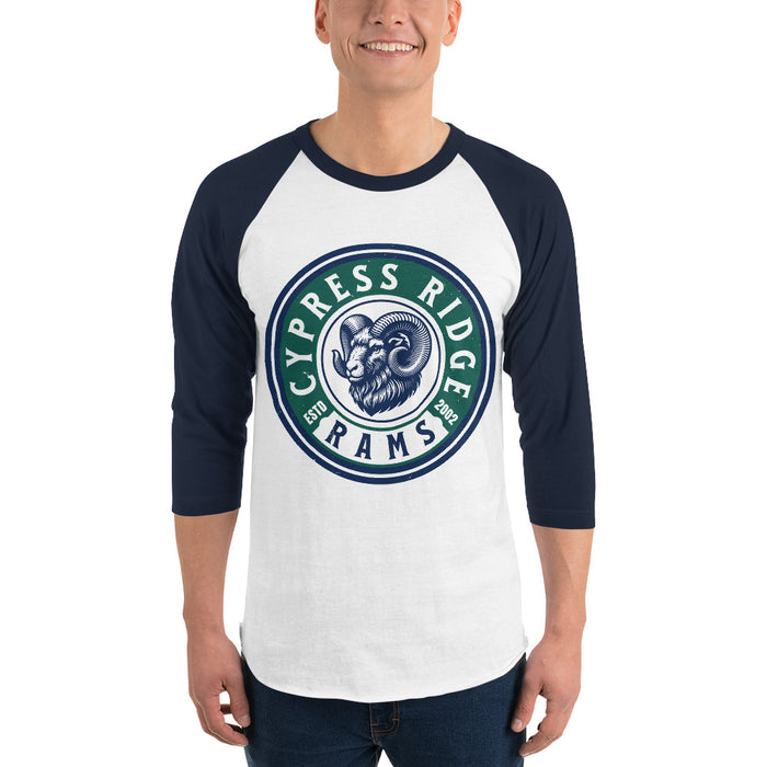Man wearing Cypress Ridge High School Rams Unisex 3/4 sleeve Raglan T-shirt 220