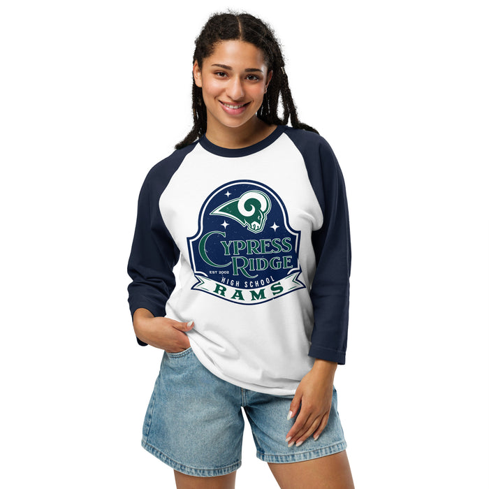 Woman wearing Cypress Ridge High School Rams Unisex 3/4 sleeve Raglan T-shirt 219