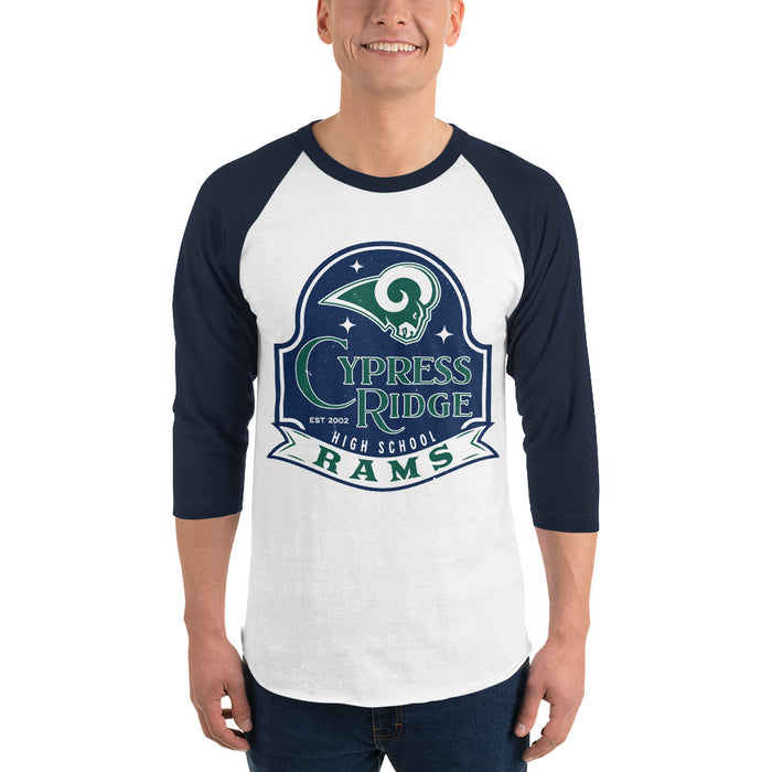 Man wearing Cypress Ridge High School Rams Unisex 3/4 sleeve Raglan T-shirt 219