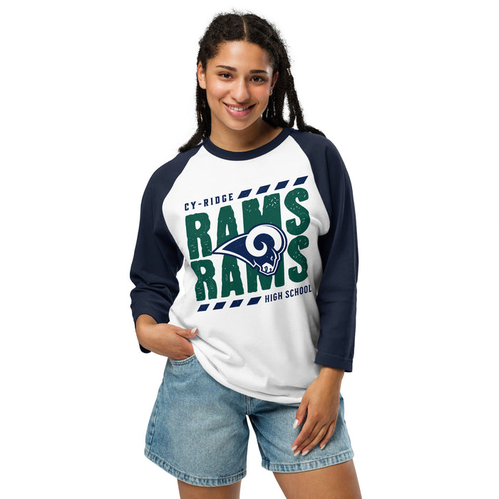 Woman wearing Cypress Ridge High School Rams Unisex 3/4 sleeve Raglan T-shirt 223