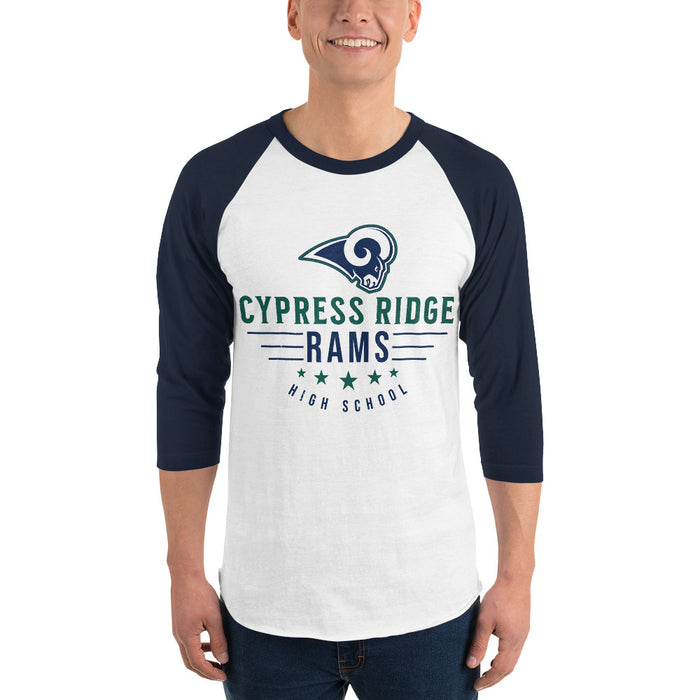 Man wearing Cypress Ridge High School Rams Unisex 3/4 sleeve Raglan T-shirt 217