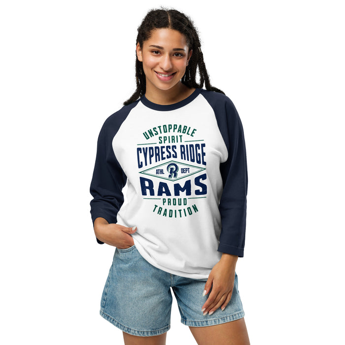 Woman wearing Cypress Ridge High School Rams Unisex 3/4 sleeve Raglan T-shirt 210