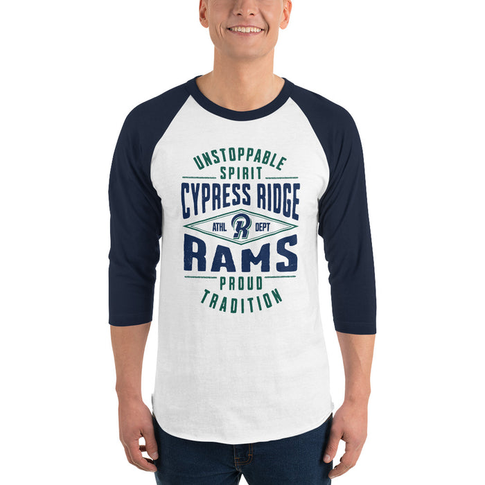 Man wearing Cypress Ridge High School Rams Unisex 3/4 sleeve Raglan T-shirt 210