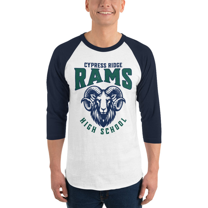 Man wearing Cypress Ridge High School Rams Unisex 3/4 sleeve Raglan T-shirt 213
