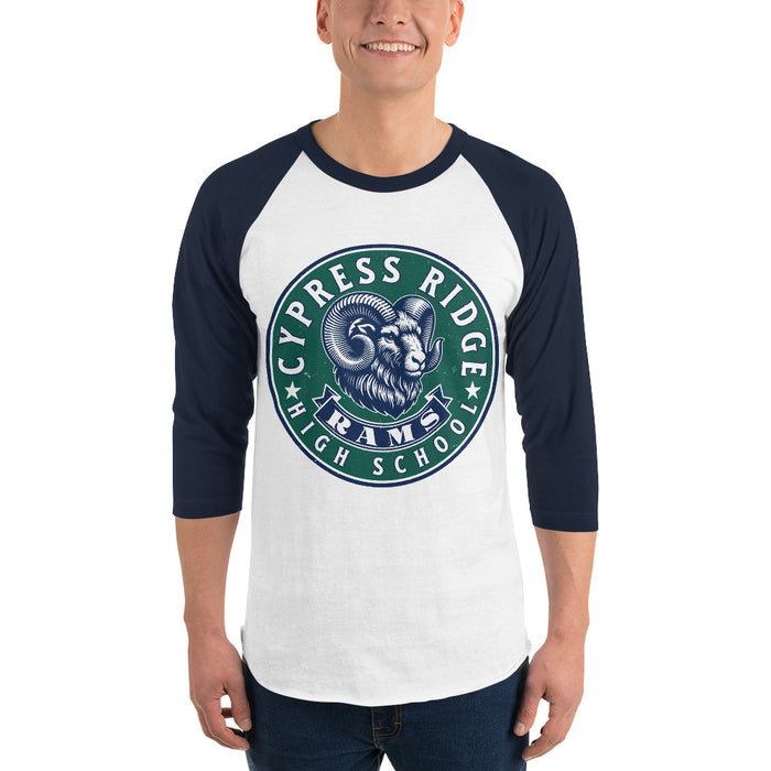 Man wearing Cypress Ridge High School Rams Unisex 3/4 sleeve Raglan T-shirt 215