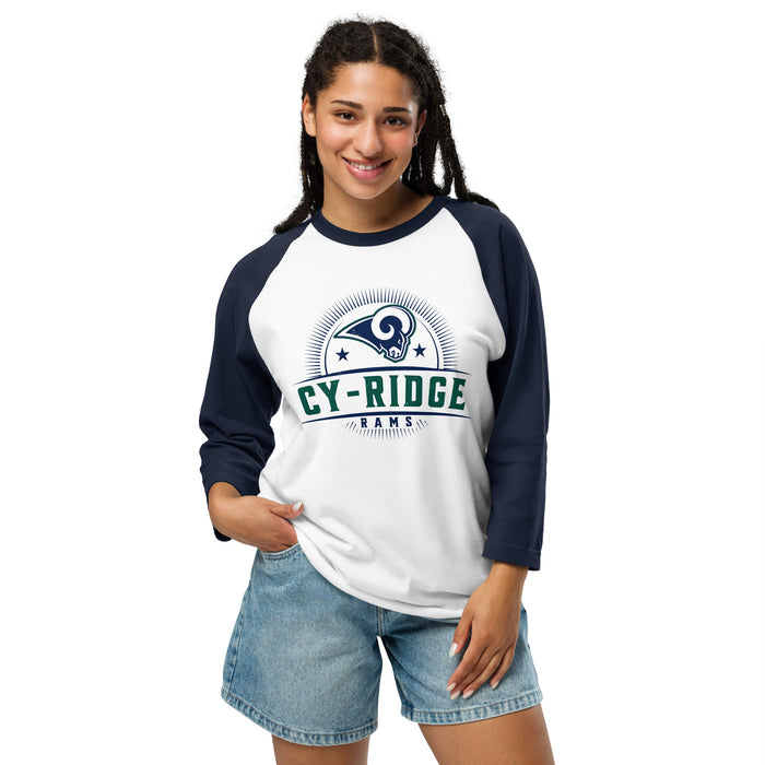 Woman wearing Cypress Ridge High School Rams Unisex 3/4 sleeve Raglan T-shirt 221