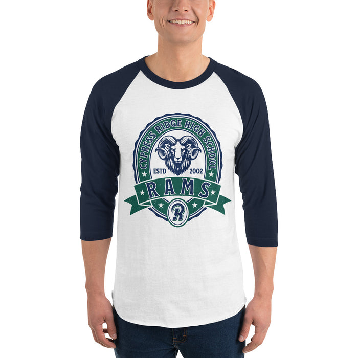Man wearing Cypress Ridge High School Rams Unisex 3/4 sleeve Raglan T-shirt 212