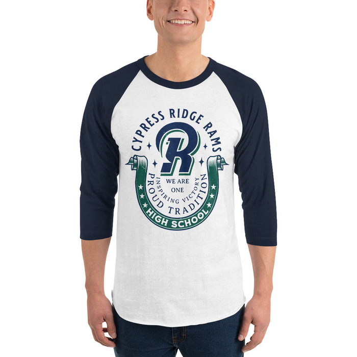 Man wearing Cypress Ridge High School Rams Unisex 3/4 sleeve Raglan T-shirt 229