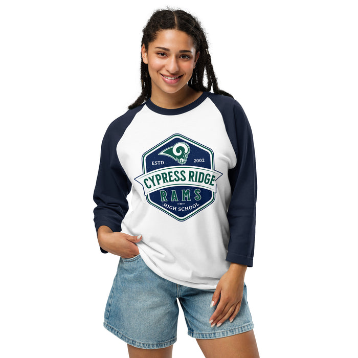 Woman wearing Cypress Ridge High School Rams Unisex 3/4 sleeve Raglan T-shirt 209