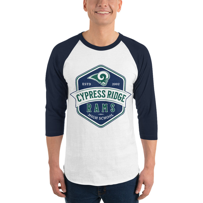 Man wearing Cypress Ridge High School Rams Unisex 3/4 sleeve Raglan T-shirt 209